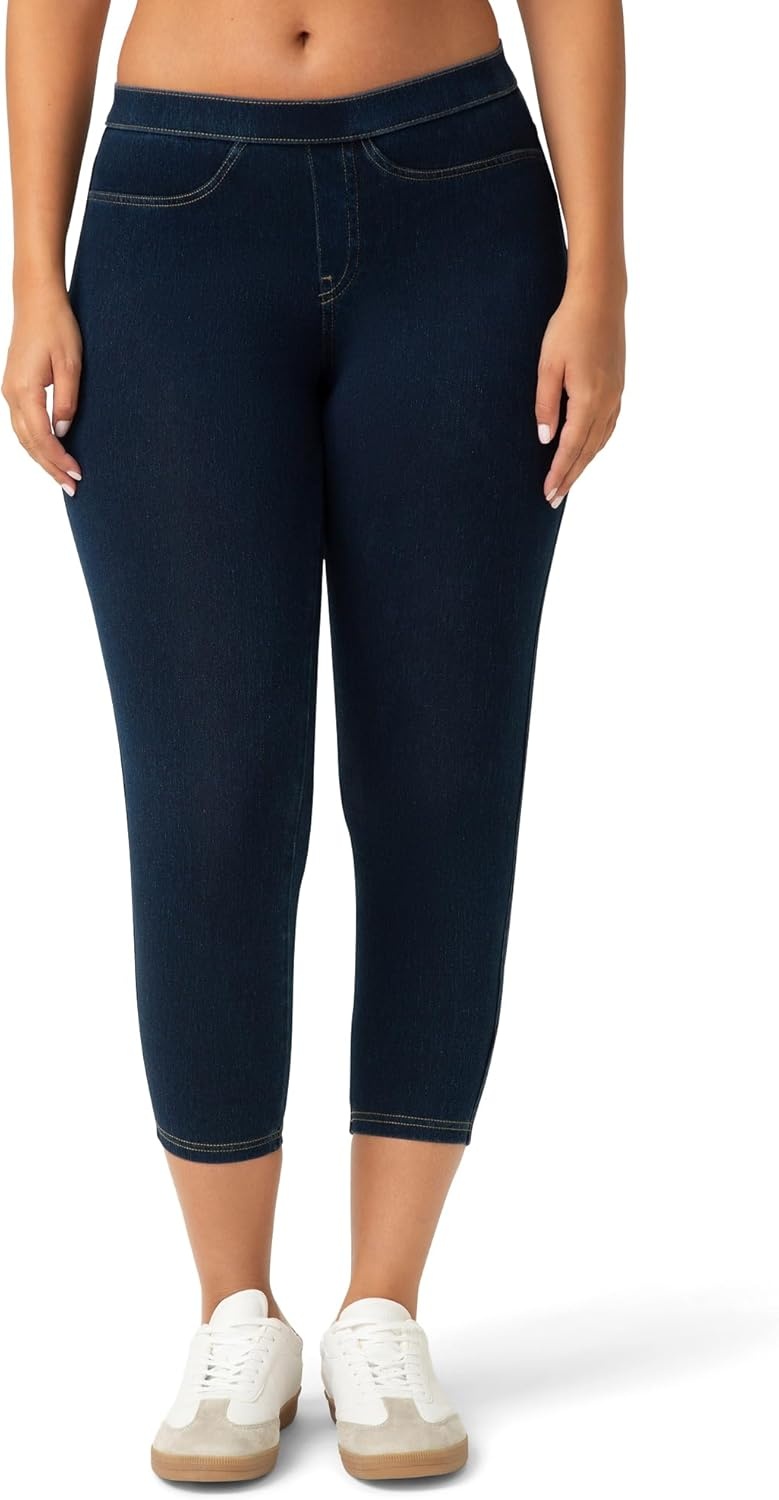 image:imageNo Nonsense Womens Classic Denim Capri Leggings with Pockets Comfortable Stretch Pull On PantsDark DenimWhite 2 Pair Pack
