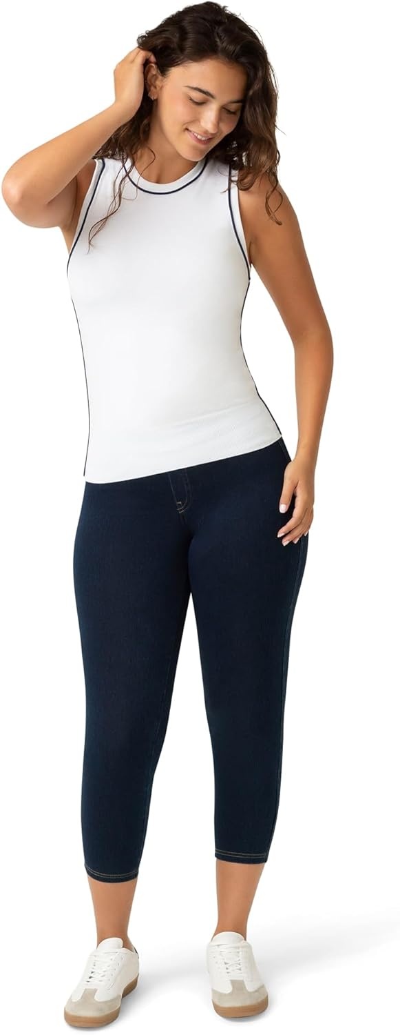 image:imageNo Nonsense Womens Classic Denim Capri Leggings with Pockets Comfortable Stretch Pull On PantsDark DenimWhite 2 Pair Pack