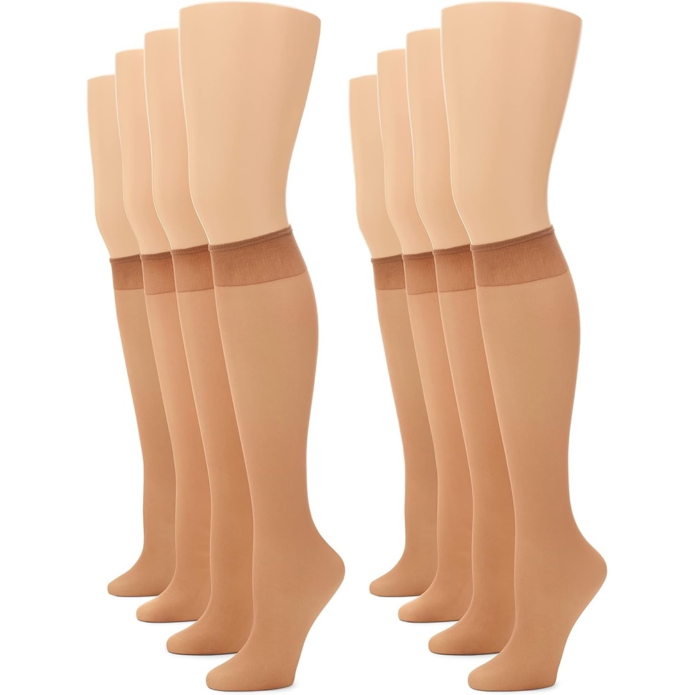 image:imageNo nonsense Womens Sheer Knee High Nylons for Women with Comfort Top Nylon Trouser Stockings Value PackTan 8 Pair Pack