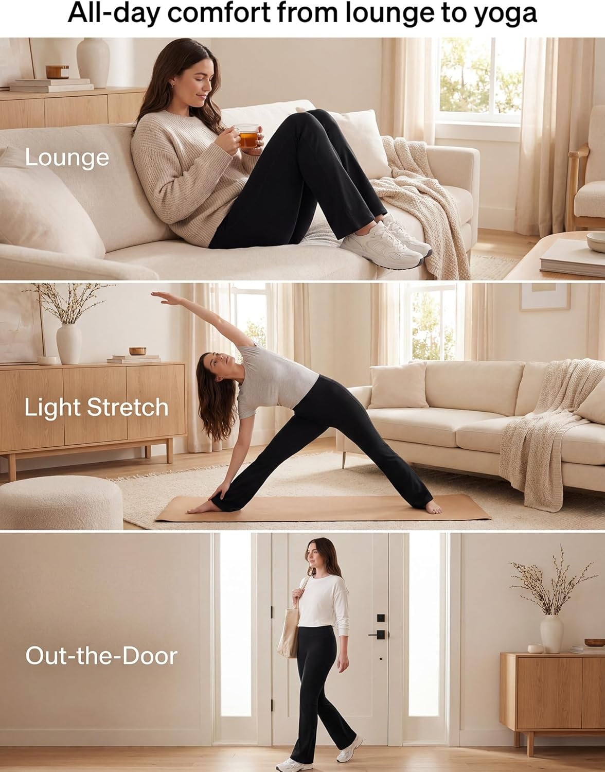 image:imageNo nonsense Lounge Yoga Pants for Women Flared Cotton Leggings 325 Inseam Wide WaistbandBlack