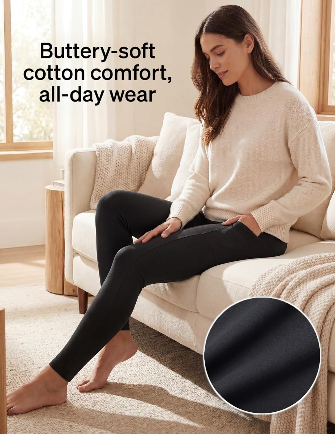 image:imageNo nonsense Womens Soft Cotton Leggings with Side Pockets Workout Stretch Pull On PantsBlackNapa 2 Pair Pack