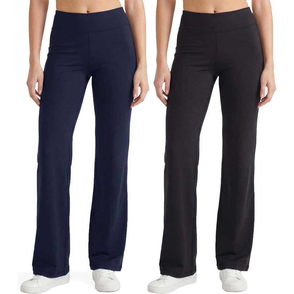 image:imageNo nonsense Lounge Yoga Pants for Women Flared Cotton Leggings 325 Inseam Wide WaistbandBlackNavy 2 Pair Pack