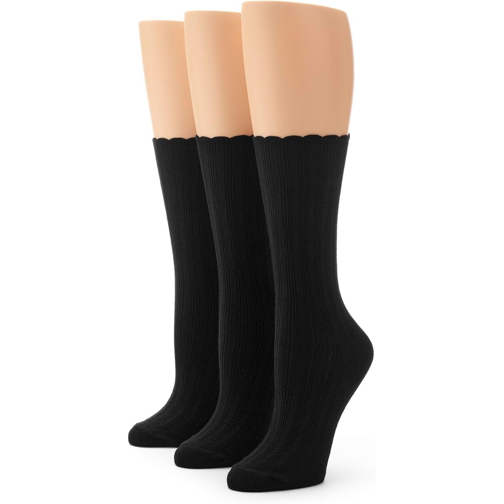 image:imageNo nonsense Womens Scallop Pointelle Crew SockNew Black 3 Pair Pack