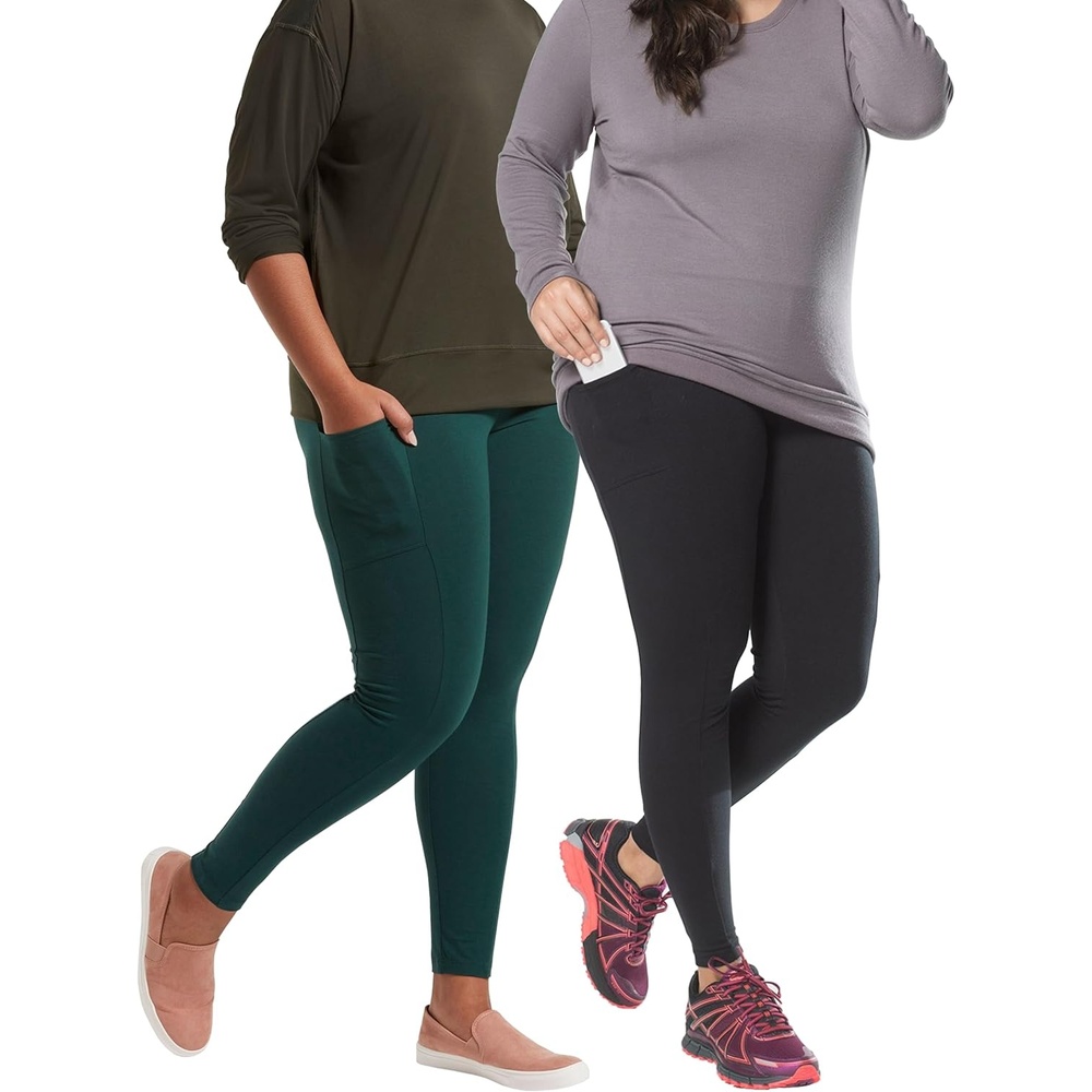 image:imageNo nonsense Womens Soft Cotton Leggings with Side Pockets Workout Stretch Pull On PantsBlackBottle Green 2 Pair Pack