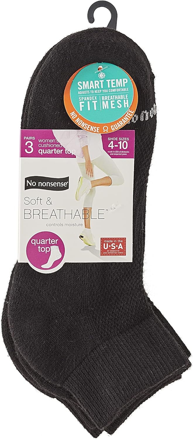 image:imageNo nonsense Womens Cushioned Mesh Quarter Top Ankle Socks Premium Comfort for WomenBlack 3 Pair Pack