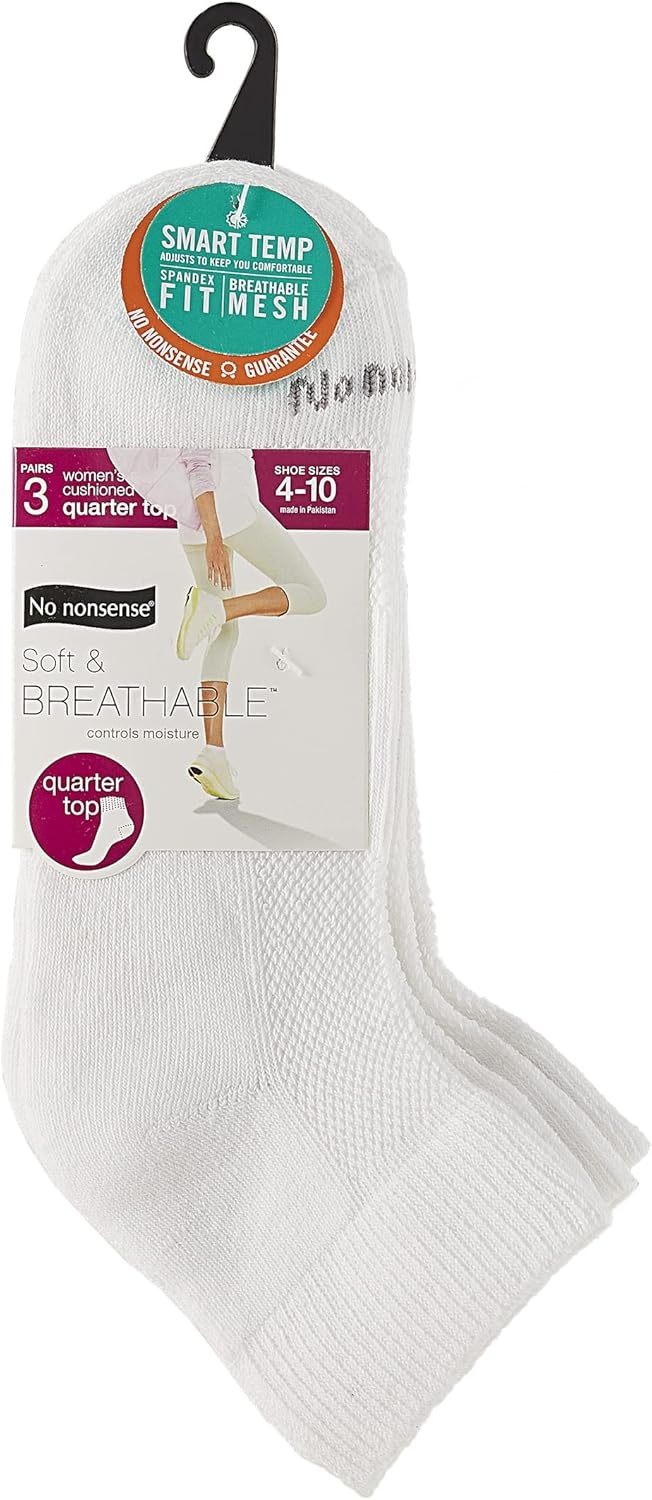 image:imageNo nonsense Womens Cushioned Mesh Quarter Top Ankle Socks Premium Comfort for WomenWhite 3 Pair Pack